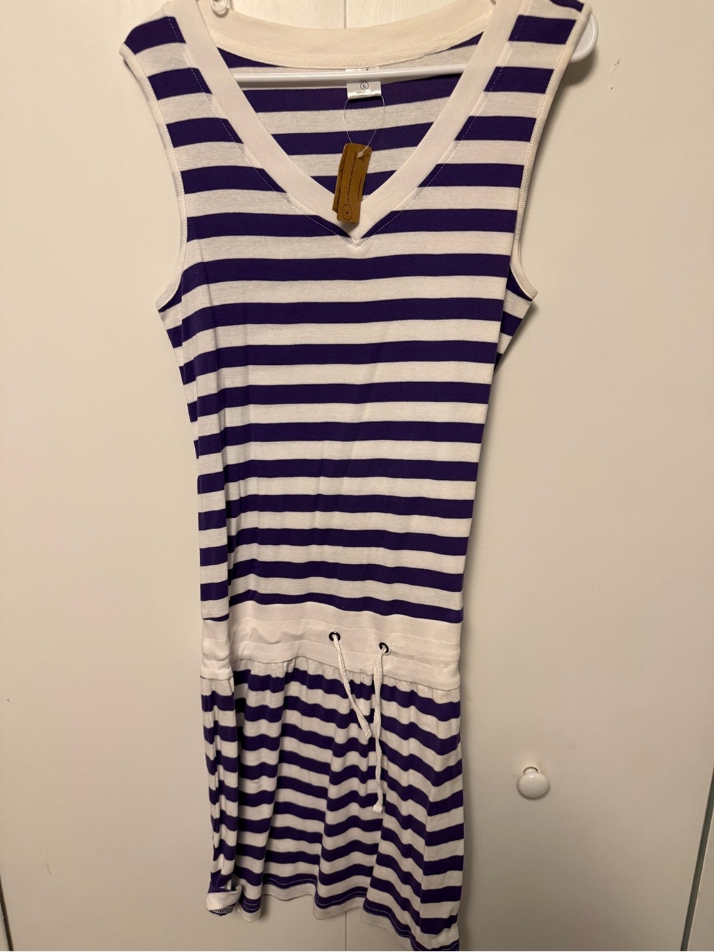 Striped Sleeveless V-Neck Drawstring Dress - White & Purple
